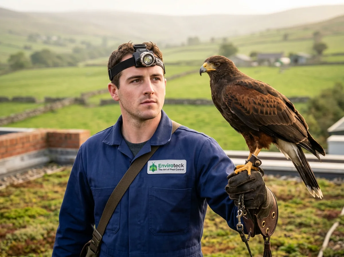 Licensed Irish falconer with Harris Hawk on a commercial rooftop